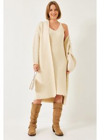 Strukturierter Strick V-Ausschnitt Cardigan-Kleid Zwei-teiliger Satz