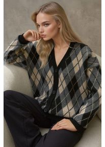 Langer V-Ausschnitt geometrischer Strick-Cardigan mit Kn&ouml;pfen