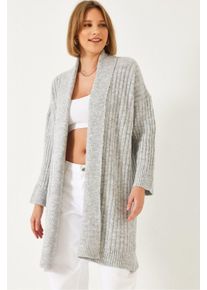 Strukturierter langer Rippenstrick-Cardigan mit Schalkragen