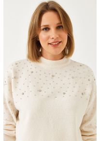 Strukturierter bestickter Rundhalsausschnitt-Pullover