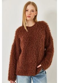 &Uuml;bergro&szlig;er strukturierten Strickpullover mit pl&uuml;schigen Details