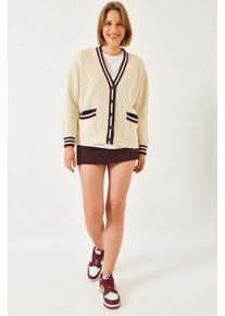 Gemusterter V-Ausschnitt Rippstrick-Cardigan mit Taschen