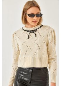 Strukturiertes Besticktes Rundhals Enges Crop Sweater