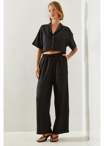 Gekn&ouml;pftes Crop-Shirt und weit geschnittene Hose Set