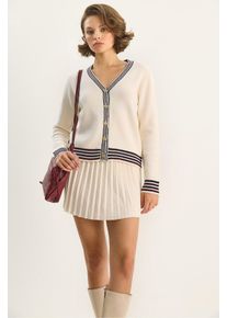Gestreiftes V-Ausschnitt Knopf-Cardigan und Rock-Set