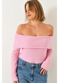 Schulterfreier gerippter Strickpullover mit umgeschlagenem Detail