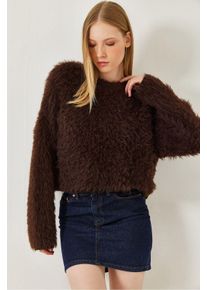 Strukturiertes Rundhals-Crop-Sweatshirt mit Pl&uuml;sch-Details