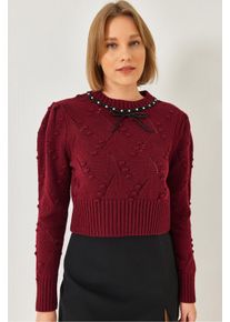 Strukturierter bestickter Rundhals-Fit Crop-Pullover