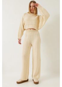 Strukturiertes Strickoberteil mit verk&uuml;rztem Schnitt und weit geschnittene Hose Set