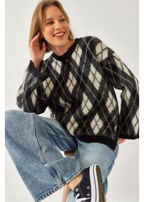 Crewneck-Strickpullover mit Schlitz im Baklava-Muster