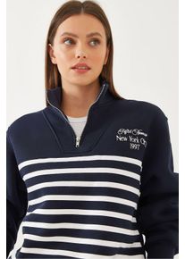 Gestreiftes Relaxed Fit Sweatshirt mit halbem Rei&szlig;verschluss und Stickerei