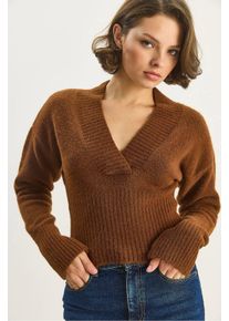 Rippstrick V-Ausschnitt Slim Fit Crop Pullover
