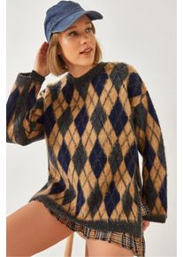 Crew-Nack Schlitz Strickpullover im Baklava-Muster