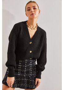 V-Ausschnitt Kurzer Rippenstrickcardigan mit goldfarbenen Kn&ouml;pfen