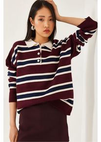 Gestreifter Polo-Kragen Strickpullover