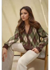 Langer V-Ausschnitt Geometrischer Strick-Cardigan mit Kn&ouml;pfen