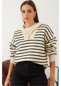 Gestreifter Boxy-Crop-Pullover mit Rei&szlig;verschlusskragen