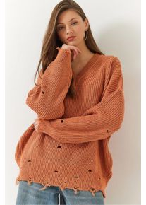 Oversized V-Ausschnitt Zerst&ouml;rter Strickpullover