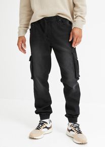bonprix Slim-Fit Cargo-Jeans-Jogger mit Dehnbund Straight, schwarz, Gr.48, Cool gewaschene Schlupf-Sweat-Jeans mit Cargotaschen, 73% Baumwolle