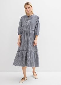 bonprix Midikleid aus Baumwoll-Stretch, blau, Gr.42, Weites Midi-Stufenkleid mit Bindedetail, 72% Baumwolle