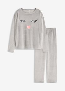 bonprix Loungewear Samt Hausanzug, grau, Gr.44/46 (L), Gem&uuml;tlicher Loungewear Hausanzug aus gl&auml;nzendem Samt und Stickerei sowie einer lockergeschnittenen Hose mit Eingriffstaschen, aus Samt