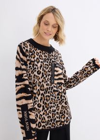 bonprix Feinstrickpullover im Leoprint Design, beige, Gr.40/42 (M), femininer Pullover im Leoprint Design, aus Viskose