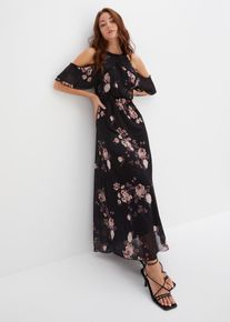 bonprix Maxikleid aus Mesh, schwarz, Gr.40/42 (M), Modernes langes Kleid mit Volant und sch&ouml;nem Druck
