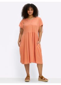 sheego Gro&szlig;e Gr&ouml;&szlig;en Jerseykleid mit Bl&uuml;tenstickereien, papaya, Gr&ouml;&szlig;e 54 - Damen
