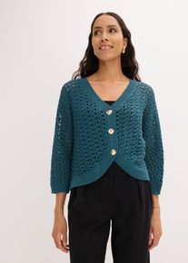 bonprix Ajour-Strickjacke aus reiner Baumwolle, petrol, Gr.44/46 (L), leicht oversized geschnittene Strickjacke mit Ajour-Muster und dekorativen Kn&ouml;pfen vorne, aus 100% Baumwolle