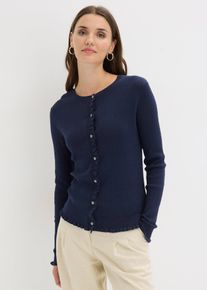 bonprix Ajour-Strickjacke aus Baumwoll-Mix, blau, Gr.36/38 (S), Moderne Strickjacke mit Knopfverschluss und kleinen R&uuml;schen, 70% Baumwolle