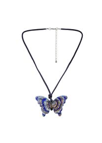 Steuer Modeschmuck Anh&auml;nger mit Kette blaues Textilband mit Schmetterling aus Glas
