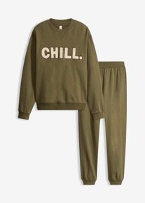 bonprix Sweat Hausanzug, gr&uuml;n, Gr.56/58 (3XL), Gem&uuml;tlicher Sweat Hausanzug mit sch&ouml;ner Applikation und Rippb&uuml;ndchen sowie seitlichen Eingriffstaschen, aus 100% Baumwolle,Rippware