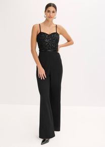 bonprix Overall aus strukturiertem Crepe mit Perlenstickerei, schwarz, Gr.38, Modern und sexy: Overall aus strukturiertem Crepe mit Bustier-Ausschnitt und Perlenstickerei im Oberteil