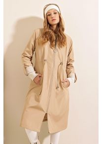 Gestreifter langer Trenchcoat mit Kapuze und Tunnelzug in der Taille