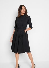 bonprix Hemdblusenkleid mit Spitze und Bindeband, schwarz, Gr.46, Charismatisches Hemdblusenkleid mit Eingriffstaschen und Taillenband zum Binden, 72% Baumwolle