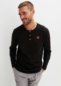 bonprix Langarm-Henleyshirt aus reiner Bio-Baumwolle (2er Pack), schwarz, Gr.52/54 (L), Angesagte Henleyshirt-Packung mit sch&ouml;nen Lederimitat-Details, maschinenwaschbar, aus 100% Baumwolle