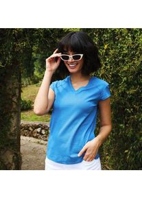 LANDS' END Supima-Shirt mit V-Ausschnitt und Kapp&auml;rmeln, Damen,  Blau, Baumwolle, by Lands' End