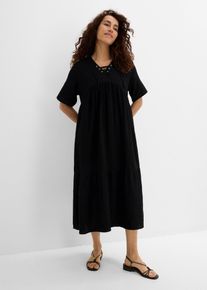 bonprix Midikleid aus reiner Baumwolle, schwarz, Gr.36, Mit Schn&uuml;rung am Ausschnitt, aus 100% Baumwolle