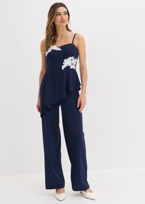 bonprix Overall mit Tr&auml;gern und Spitzen-Applikation, blau, Gr.54, Modern und feminin: Overall aus strukturiertem Crepe mit Tr&auml;gern, Spitzen-Applikation und einem asymmetrischem Sch&ouml;&szlig;chen