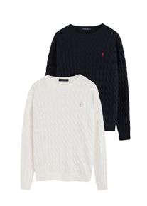 Zweierpack Herren-Strickpullover marineblau und ecru mit Zopfmuster und Rigby Go Logo