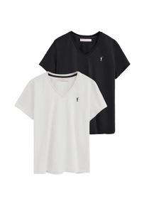Zweierpack kurz&auml;rmlige Damen-T-Shirts schwarz und wei&szlig; mit V-Ausschnitt und Rigby Go Stickerei