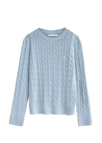 Strickpullover hellblau mit Zopfmuster und Rigby Go Stickerei