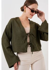 Viskose-Mischung V-Ausschnitt Langarm-Kimono mit Bindungsdetails