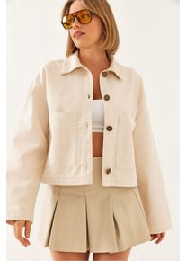Bestickte verk&uuml;rzte gewebte Jacke mit Hemdkragen