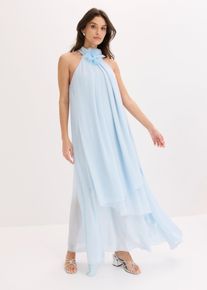 bonprix Maxikleid mit Blumen-Applikation, blau, Gr.48, Maxikleid aus feinem Chiffon im mehrlagigen Look mit Kragen und Blumen-Applikation