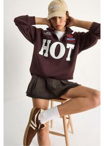 L&auml;ssig geschnittenes V-Ausschnitt Sweatshirt mit Druck und Bindeband