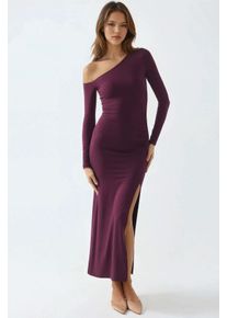 Asymmetrisches Kragen-Maxikleid mit Schlitz