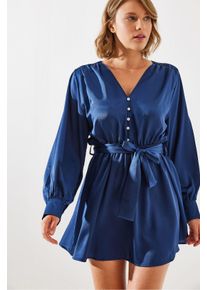 V-Ausschnitt Satin A-Linien Midi-Kleid mit Knopfverschluss