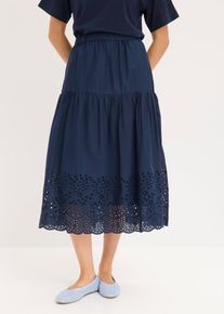 bonprix Midirock aus reiner Baumwolle mit Lochstickerei, blau, Gr.38, Bezaubernder Midirock in A-Form mit elastichem Bund., aus 100% Baumwolle