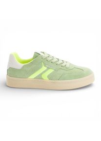 Tamaris Damen-Sneaker aus gr&uuml;nem Leder mit Neonstreifen
